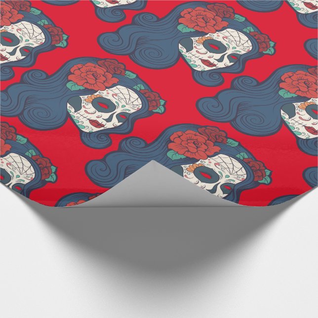 Papier Cadeau Grands roses rouges de crâne femelle de sucre (Coin)
