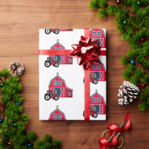 Papier Cadeau Grange de Noël rouge avec tracteur