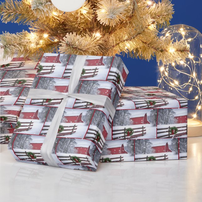 Papier Cadeau Grange de Noël Rouge en neige (Vacances)