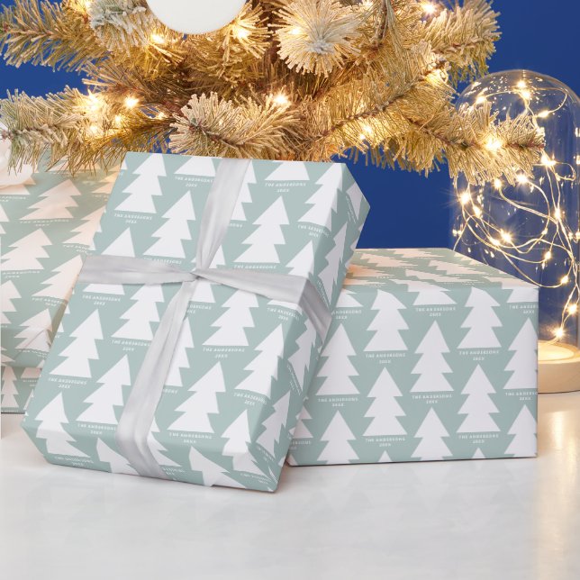 Papier Cadeau Graphique d'arbre de Noël géométrique moderne bleu (Vacances)