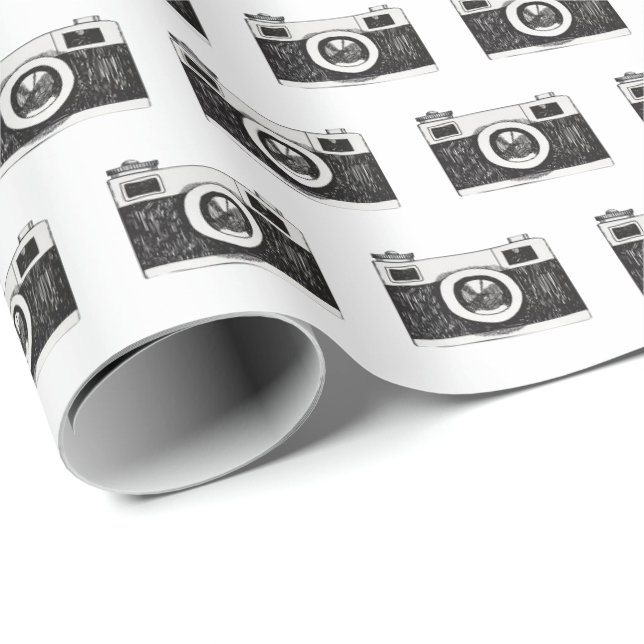 Papier Cadeau Graphique de caméra noire sur blanc (Coin rond)