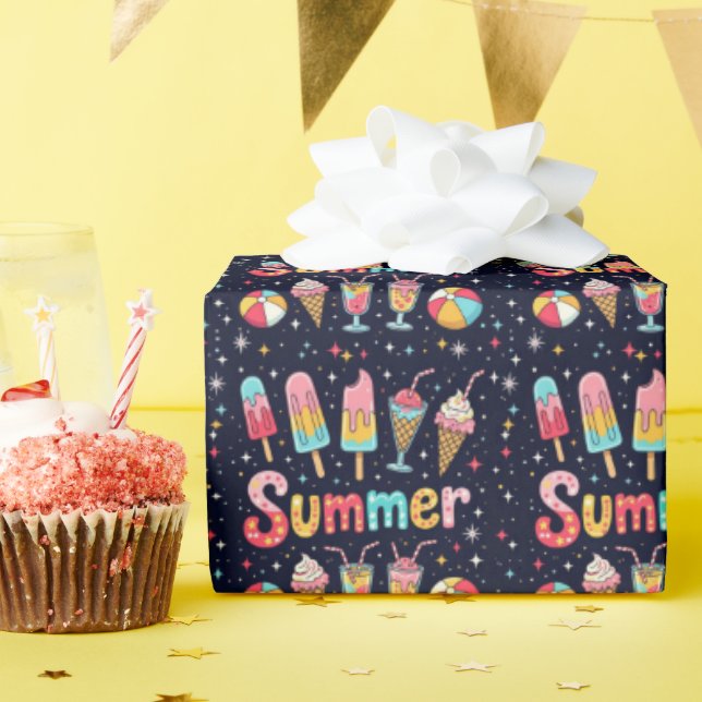 Papier Cadeau Graphiques Amusants d'Été sur Fond Noir (Fête d'anniversaire)