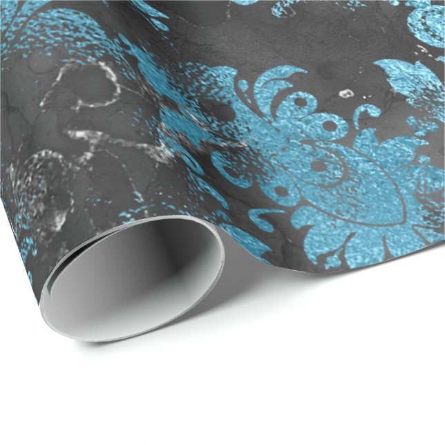 Papier Cadeau Graphite Gris Bleu Noir Floral Grungy Shabby (Coin rond)