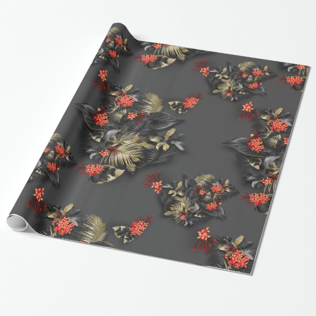 Papier Cadeau Gras Tropical Exotique Crimson Gold Black Foliage (Déroulé)