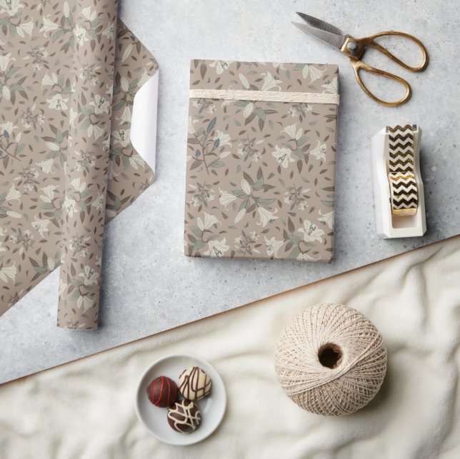 Papier Cadeau Gratitude Elégant Neutre Floral Lily Brown (Artisanat)