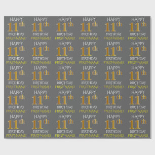 Papier Cadeau Gray, Faux Gold "HAPPY 11th BIRTHDAY"
