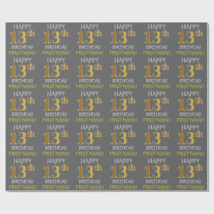 Papier Cadeau Gray, Faux Gold "HAPPY 13th BIRTHDAY"