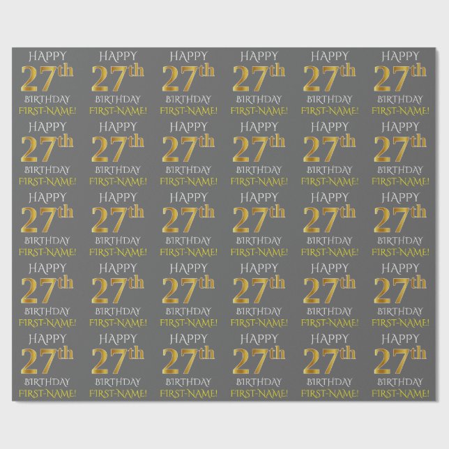 Papier Cadeau Gray, Faux Gold "HAPPY 27th BIRTHDAY" (Plat)