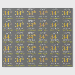 Papier Cadeau Gray, Faux Gold "HAPPY 34th BIRTHDAY"