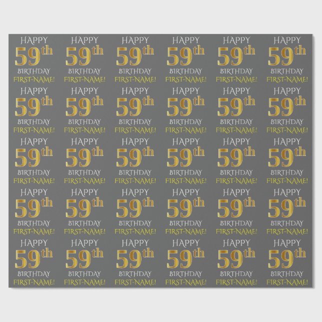 Papier Cadeau Gray, Faux Gold "HAPPY 59th BIRTHDAY" (Plat)