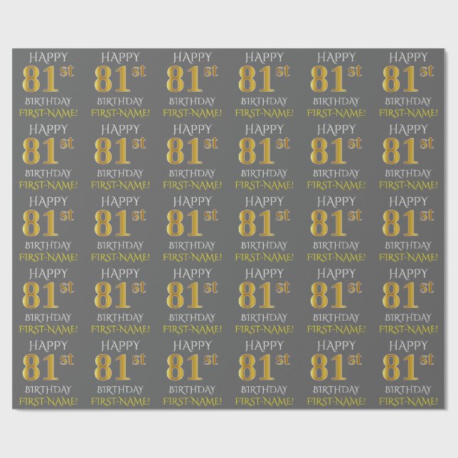 Papier Cadeau Gray, Faux Gold "HAPPY 81st BIRTHDAY" (Plat)