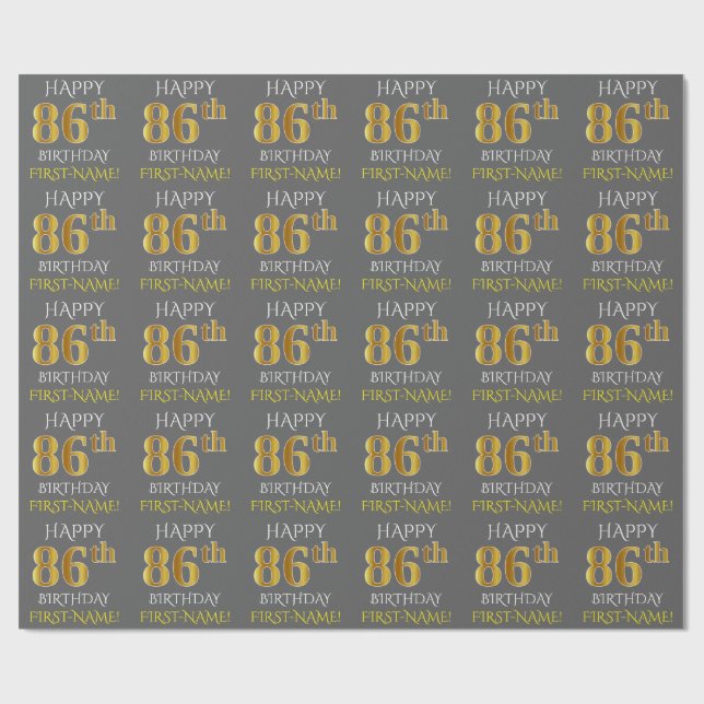 Papier Cadeau Gray, Faux Gold "HAPPY 86th BIRTHDAY" (Plat)