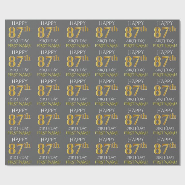 Papier Cadeau Gray, Faux Gold "HAPPY 87th BIRTHDAY" (Plat)