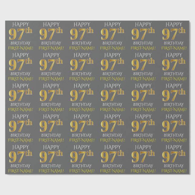 Papier Cadeau Gray, Faux Gold "HAPPY 97th BIRTHDAY" (Plat)