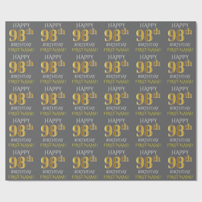 Papier Cadeau Gray, Faux Gold "HAPPY 98th BIRTHDAY" (Plat)