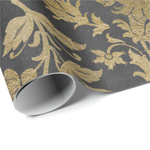 Papier Cadeau Gray Gold Floral Lilas Cottage Damask Graphite