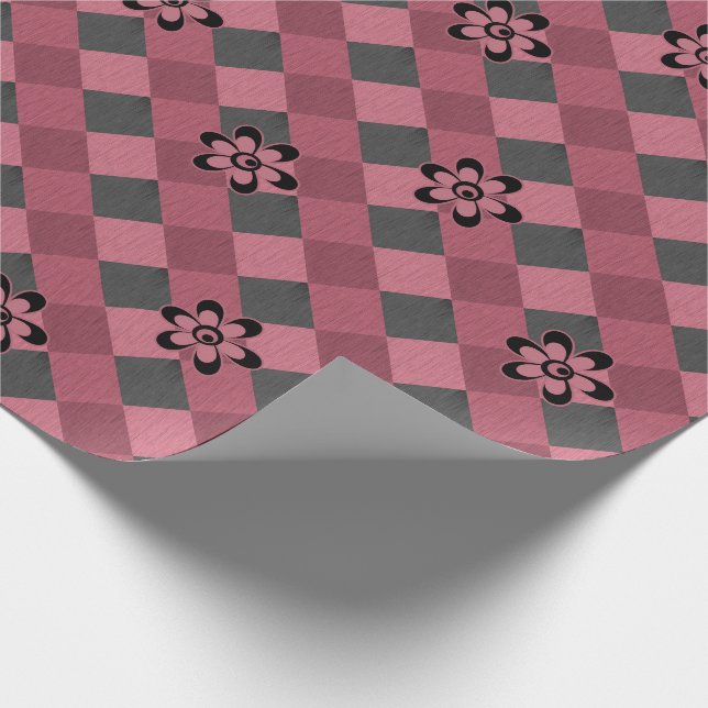 Papier Cadeau Gray rose géométrique à damiers motif avec fleurs (Coin)