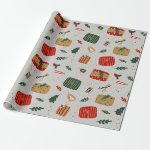 Papier Cadeau Gray rouge et Golden mite Illustré Noël