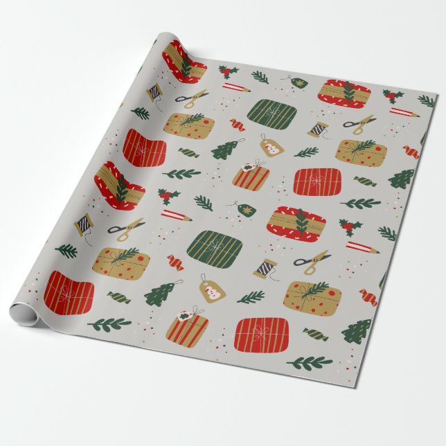 Papier Cadeau Gray rouge et Golden mite Illustré Noël (Déroulé)