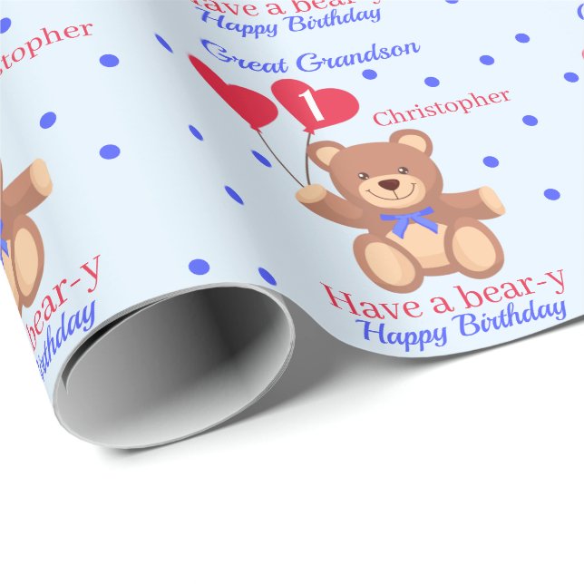 Papier Cadeau Great Grand-fils 1er anniversaire Teddy Bear Bleu (Coin rond)