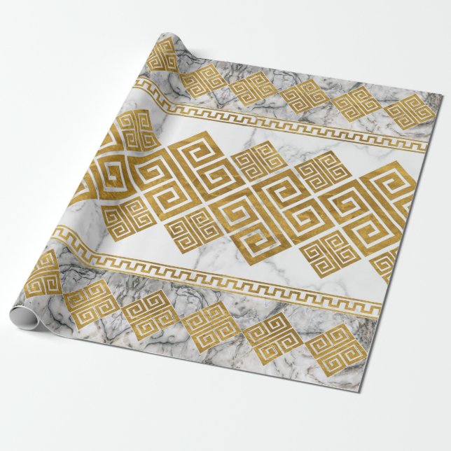Papier Cadeau Grec Meander - Clé grecque Marbre blanc et or (Déroulé)