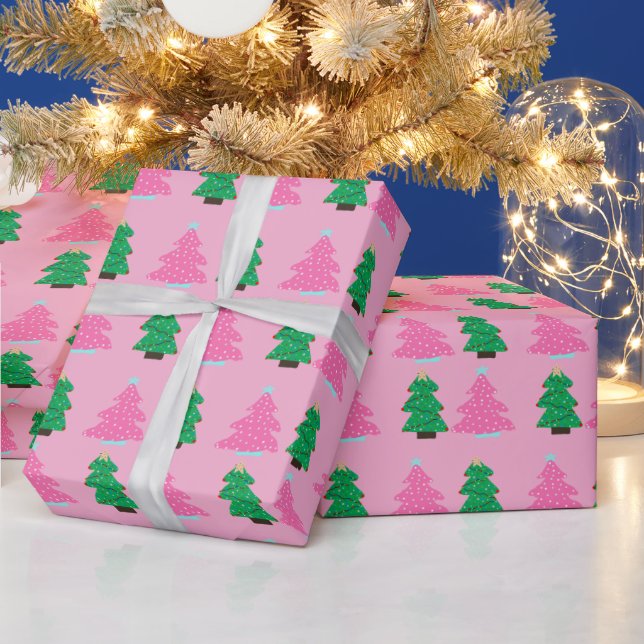 Papier Cadeau Green and Pink Christmas Trees  (Vacances)