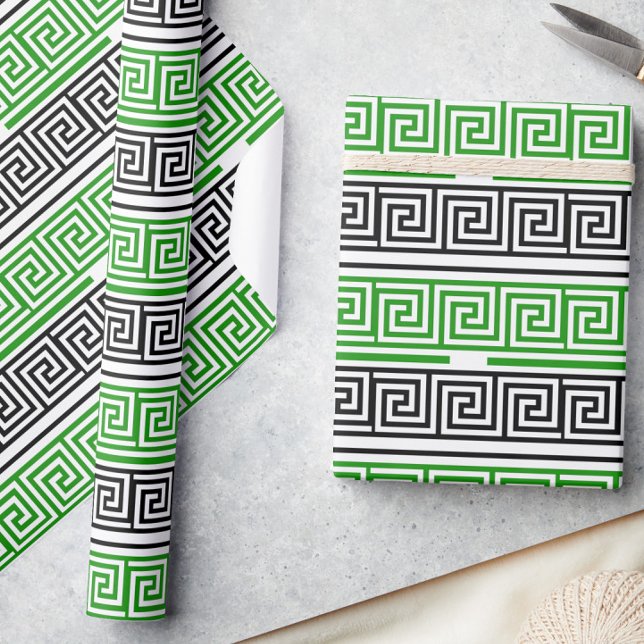 Papier Cadeau Green Black White Greek Key Fret Pattern Design  (Créateur téléchargé)