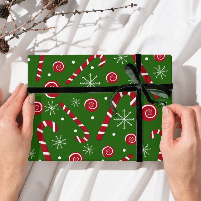 Papier Cadeau Green Candy Cane & Swirl Christmas Wrapping paper  (Créateur téléchargé)