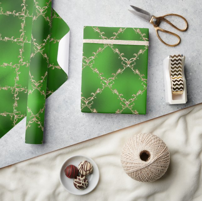 Papier Cadeau Green Christmas Gold Parties scintillant Damask Ca (Artisanat)
