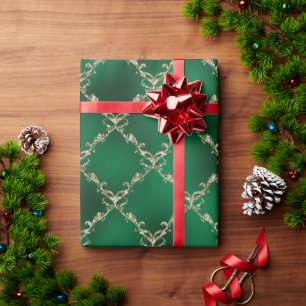 Papier Cadeau Green Christmas Holiday Gold Damask Cadeau