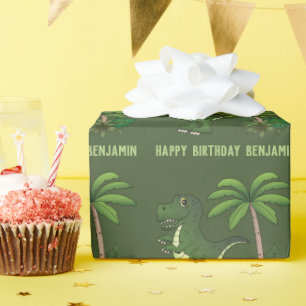 Papier Cadeau Green Cute Cartoon T-rex Dinosaur Joyeux anniversa