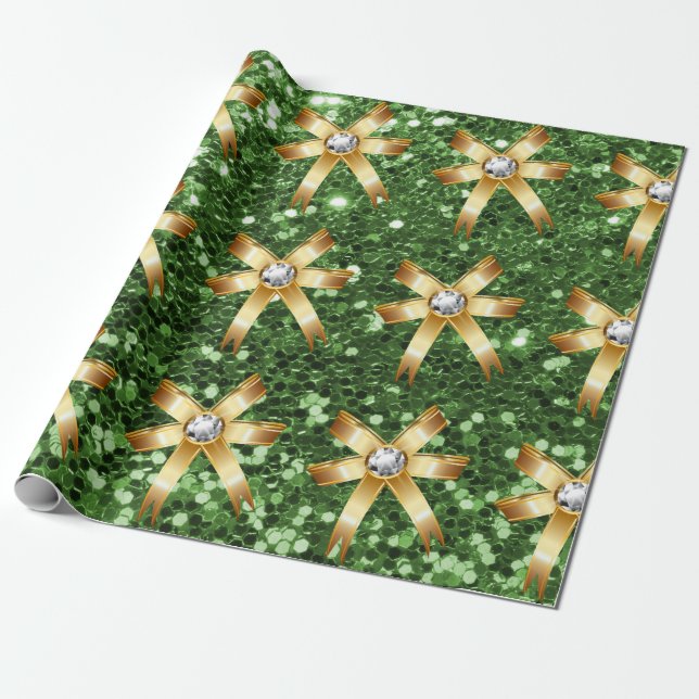 Papier Cadeau Green Faux Parties scintillant Gold Diamond Bows (Déroulé)
