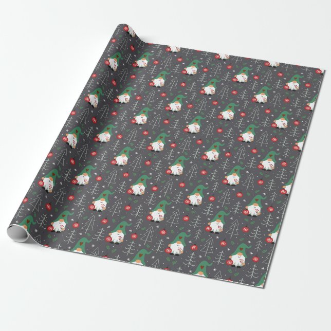 Papier Cadeau Green Gnome Arbre de Noël Motif (Déroulé)