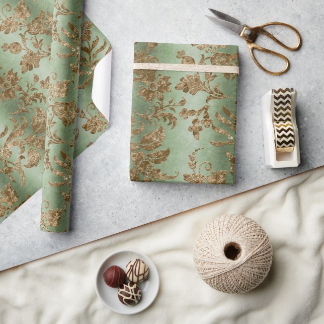 Papier Cadeau Green & Gold Velvet Damask Holiday (Artisanat)