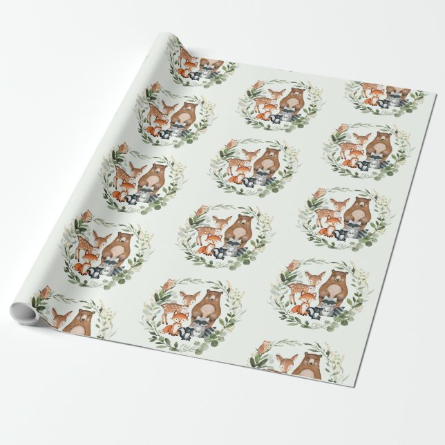 Papier Cadeau Green Gold Woodland Forest Bébés Animaux (Déroulé)