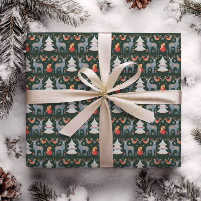 Papier Cadeau Green Nordic Reindeer sapin de Noël Floral (Créateur téléchargé)