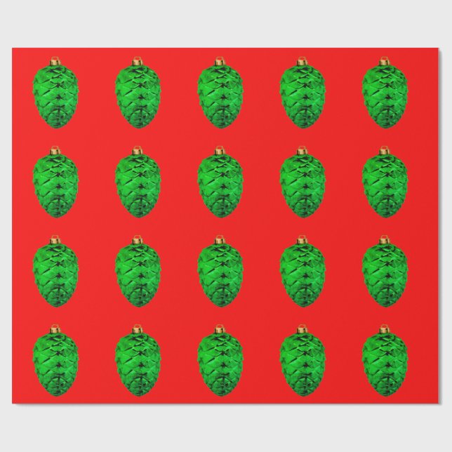Papier Cadeau Green Pinecone Ornaments Red Wrapping Paper (Plat)