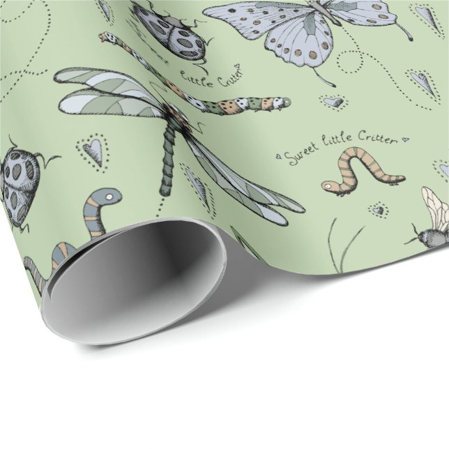 Papier Cadeau Green Sweet Little Critter Bébé Bugs Insects Enfan (Coin rond)