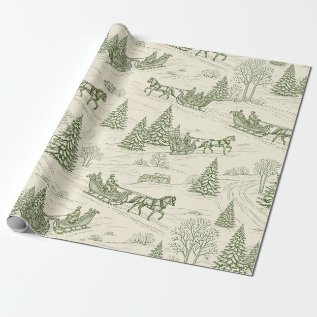 Papier Cadeau Green Toile Christmas Sleigh Ride Pattern (2) (Déroulé)