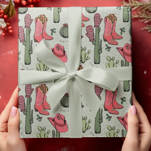 Papier Cadeau Green Western Howdy Christmas Cowgirl (Hand-Drawn Western "Howdy Christmas" Pattern. Cowboy Boots, Hats, Cactus, Holly Berries & Stars.)