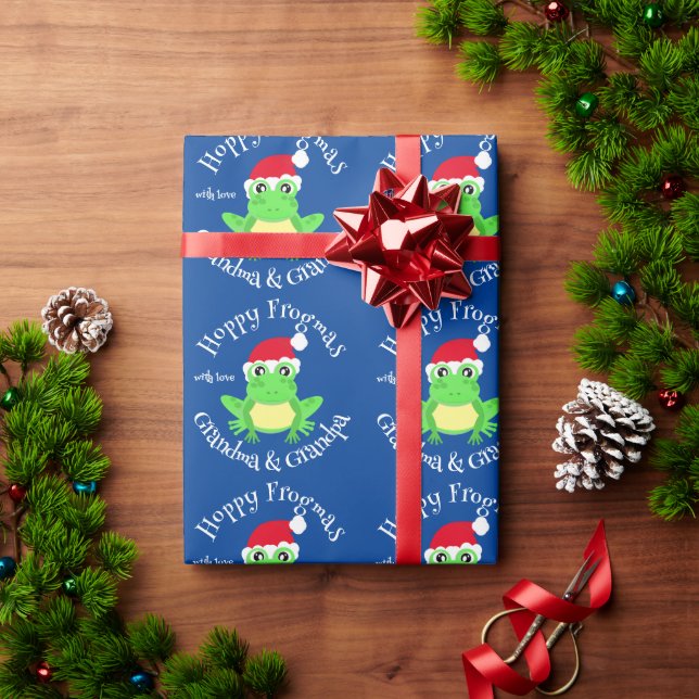 Papier Cadeau Grenouille Bleue de Noël Santa Hat Nom de la nouve (Cadeau de vacances)
