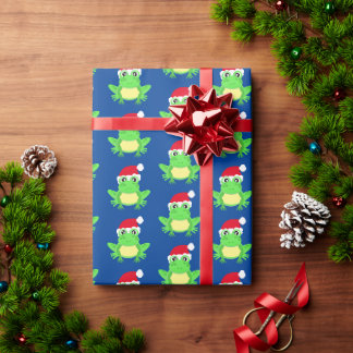 Papier Cadeau Grenouille de Noël Santa Hat Motif Bleu Nouveauté