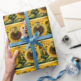 Papier Cadeau Grenouille sur un tournesol jaune