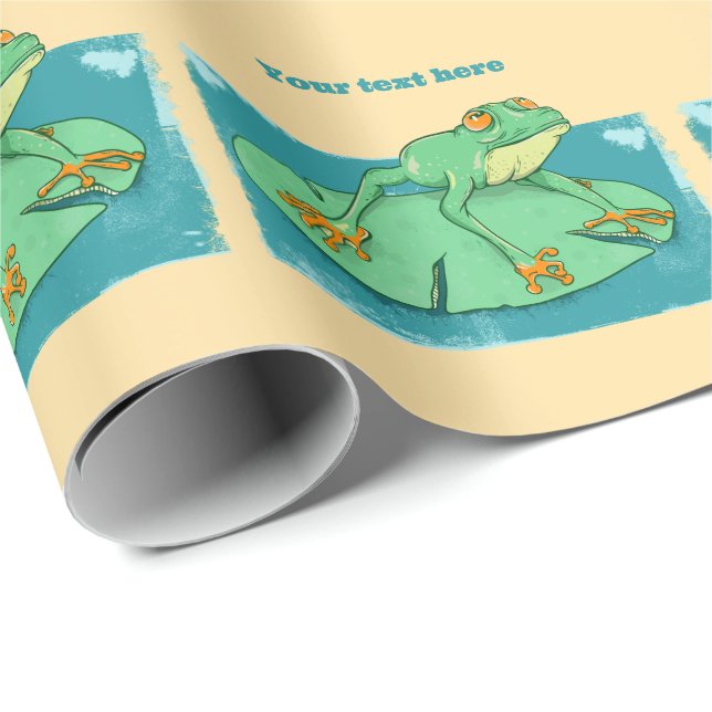 Papier Cadeau Grenouille verte mignonne sur un tapis de nénuphar (Coin rond)