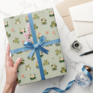 Papier Cadeau Grenouilles et nénuphars sur fond vert gin