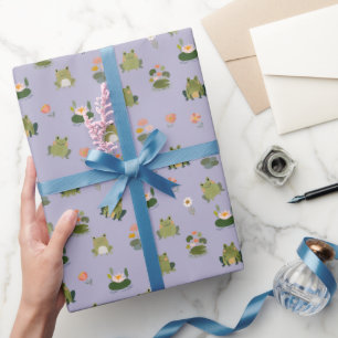 Papier Cadeau Grenouilles et nénuphars sur gris-violet pâle