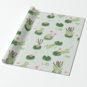 Papier Cadeau Grenouilles mignonnes dans un étang de nénuphars