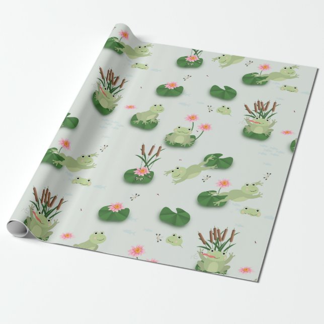 Papier Cadeau Grenouilles mignonnes dans un étang de nénuphars (Déroulé)