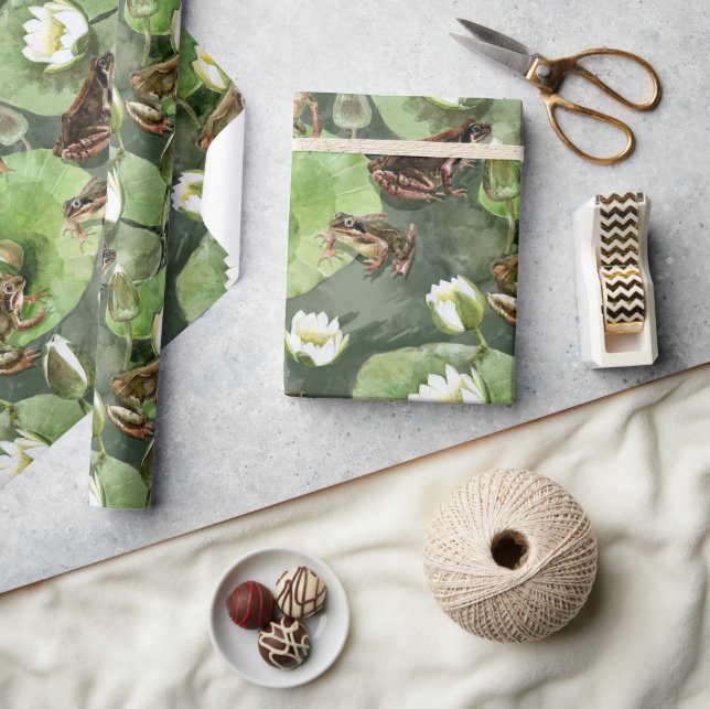 Papier Cadeau Grenouilles nénuphars verts et blancs (Artisanat)