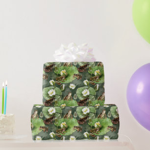 Papier Cadeau Grenouilles nénuphars verts et blancs motif